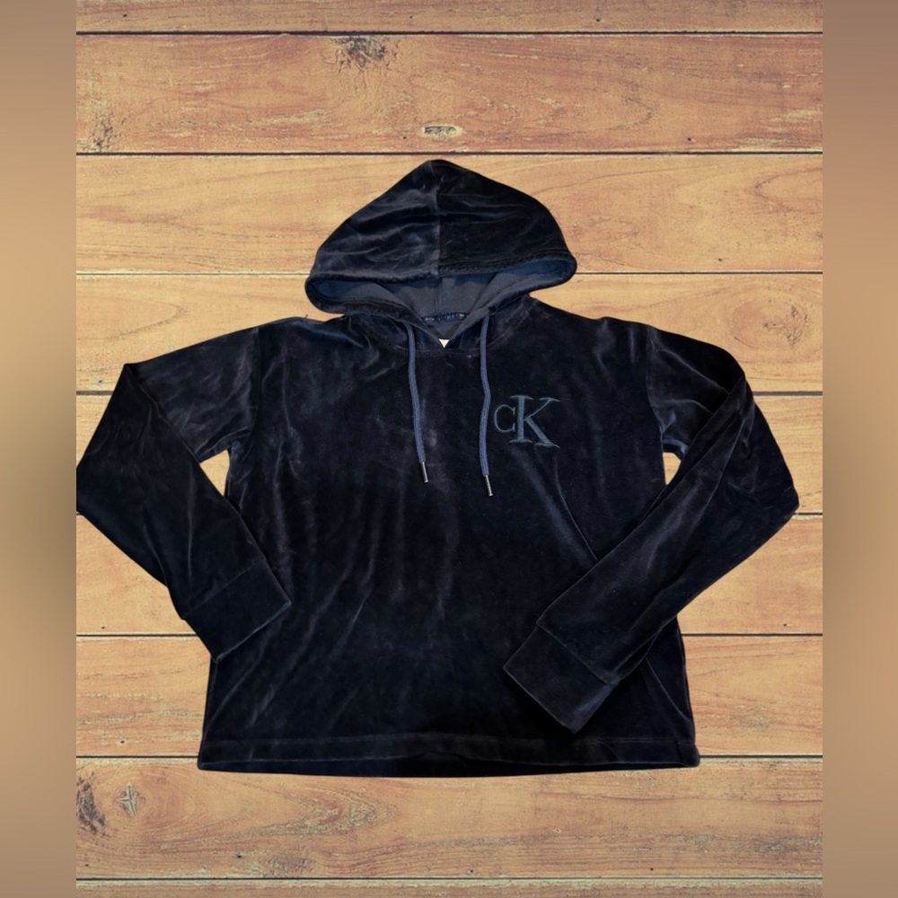 Calvin Klein Jeans Women’s Black Velour Pullover Hooded Sweatshirt Size XS Y2K - Picture 5 of 11